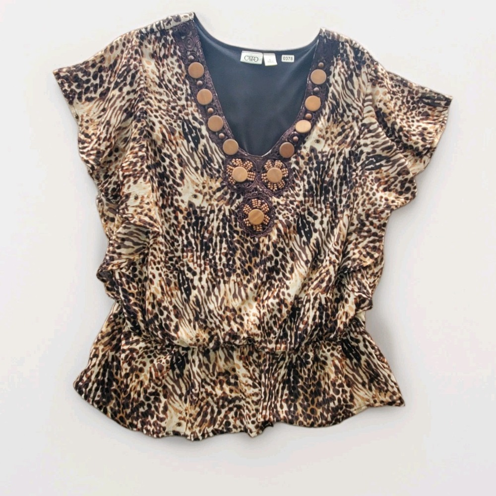 Cato Leopard Print Chiffon Peplum Blouse Size Med Flutter Sleeves Wooden Beads